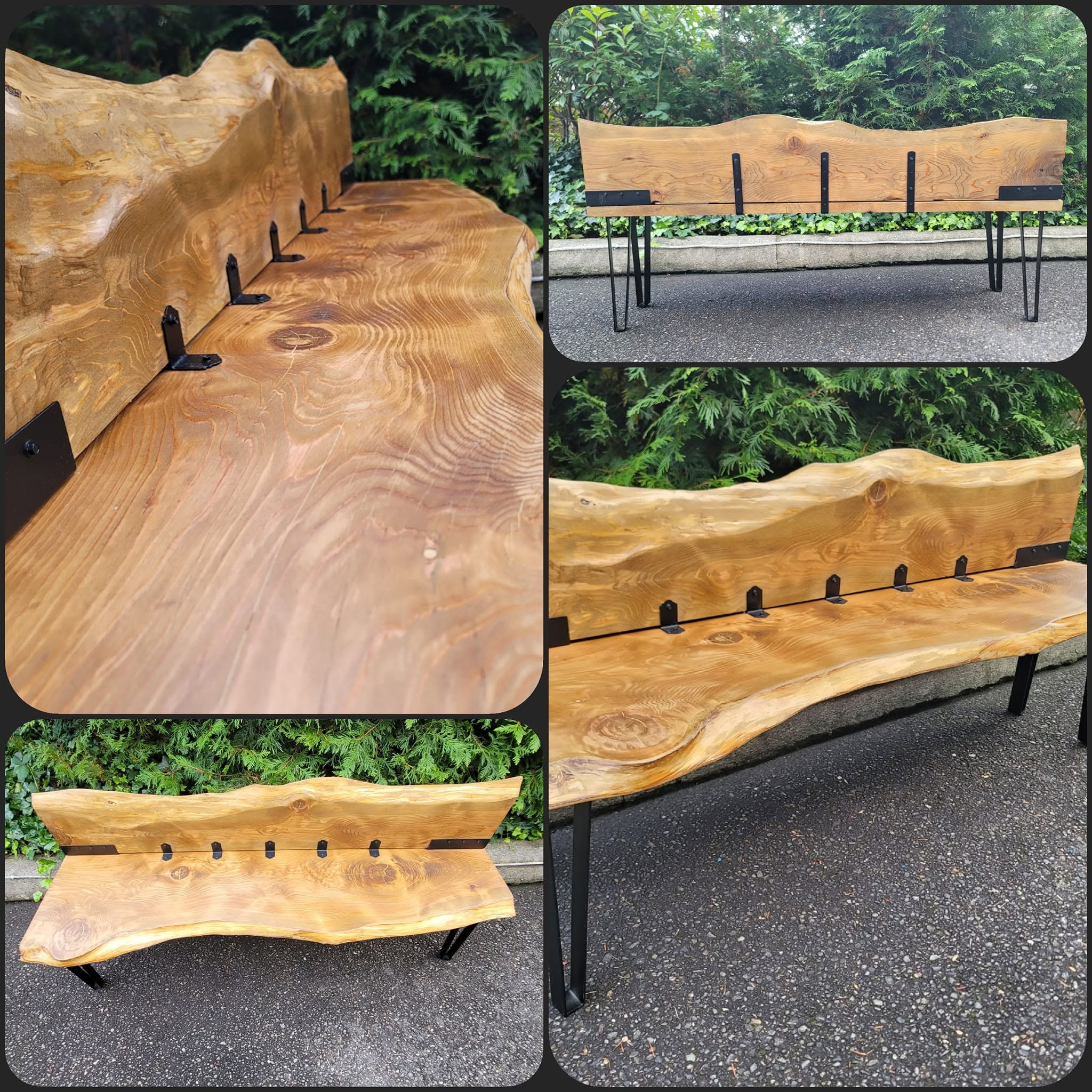 Live-edge slab bench with matching backrest and black metal legs